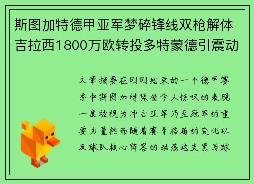 斯图加特德甲亚军梦碎锋线双枪解体吉拉西1800万欧转投多特蒙德引震动
